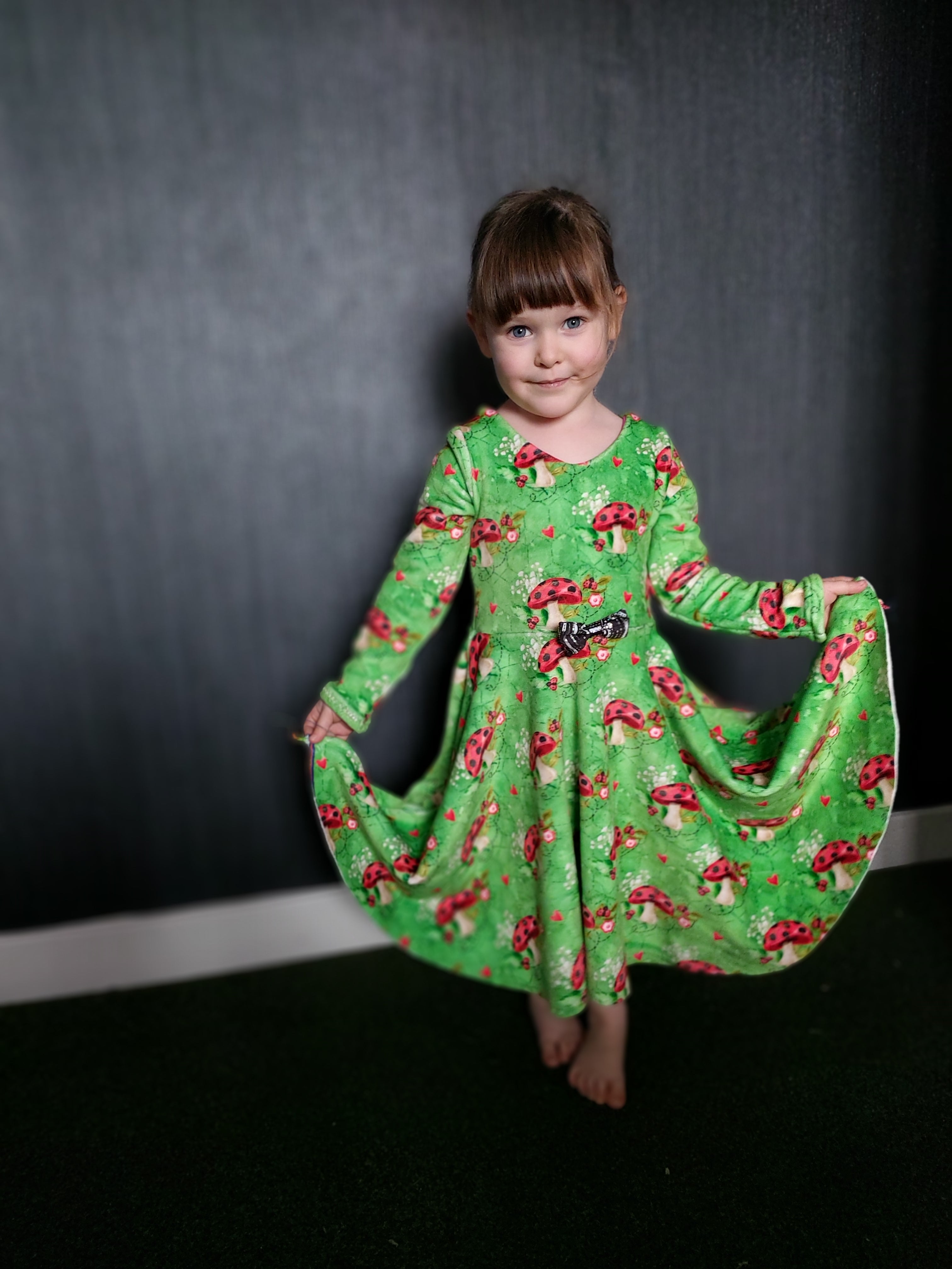 Beautiful example of this gorgeous mushroom design being worn as a dress on our super soft "Squish" base.