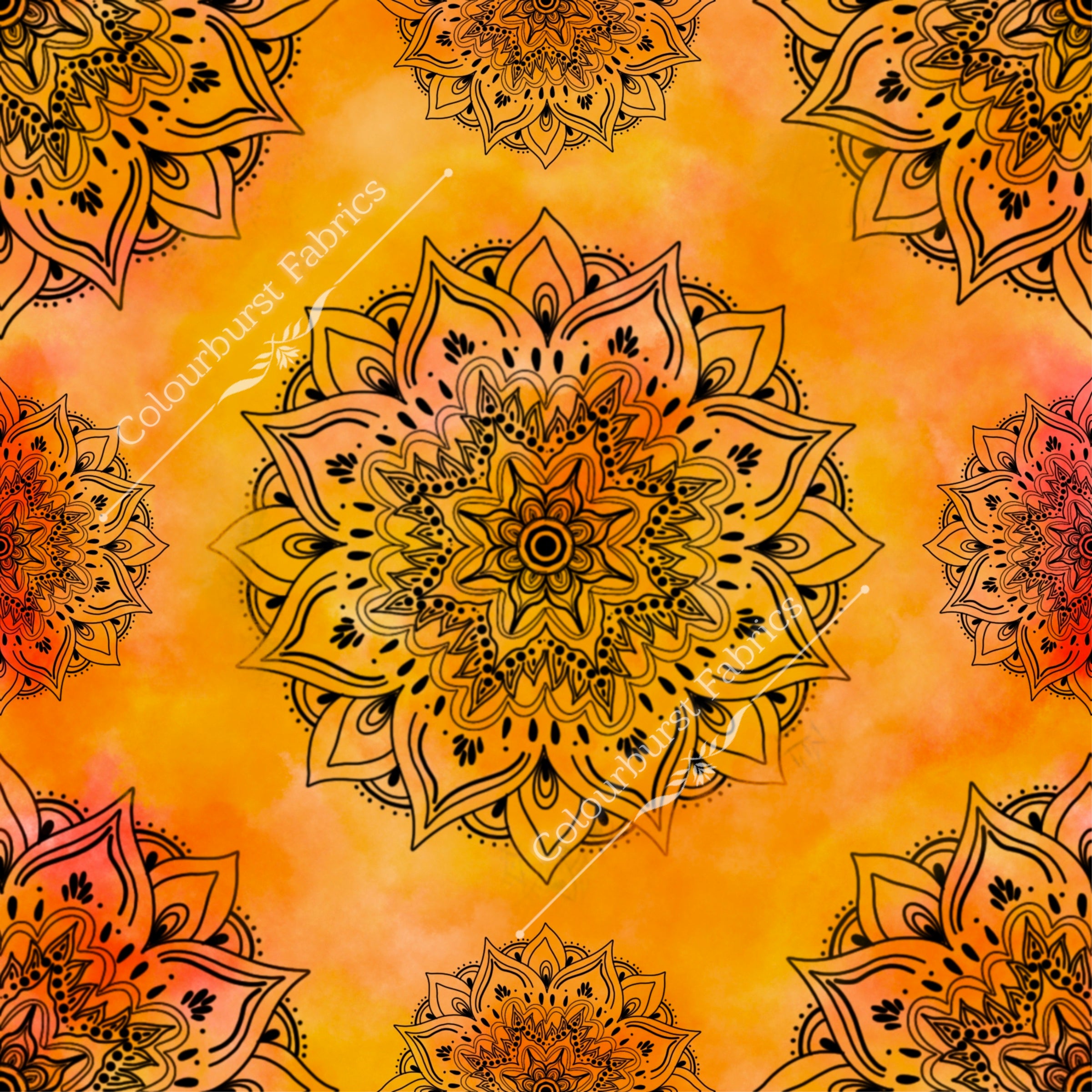 Orange mandala exclusive design for pre-order at Colourburst Fabrics 