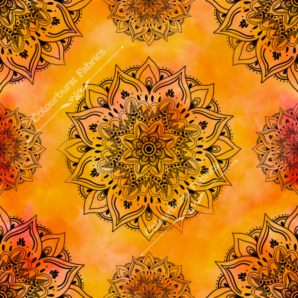 Orange mandala exclusive design for pre-order at Colourburst Fabrics 