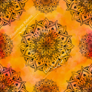 Orange mandala exclusive design for pre-order at Colourburst Fabrics 