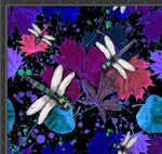 Load image into Gallery viewer, Hand drawn intricately detailed realistic dragonflies on a black background with colourful paint splats. Exclusive design for pre-order on 23 bases at Colourburst Fabrics 
