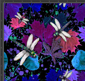 Hand drawn intricately detailed realistic dragonflies on a black background with colourful paint splats. Exclusive design for pre-order on 23 bases at Colourburst Fabrics 