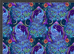 Hand drawn peacocks in highlighted mirrors on a sparkly teal background. Gemstones, flowers and glitter. Exclusive design for pre-order on our 23 bases.