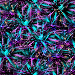 Fireworks abstract with purple, green and black dashes. Faux glitter gold stars and sparkles dotted around the design. Seamless design for custom fabric printing onto our 22 bases.
