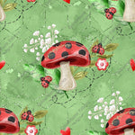 Load image into Gallery viewer, Red mushroom, toadstools, with ladybirds and flowers on a green background with faux glitter elements. Seamless design for custom fabric printing onto our 22 bases.
