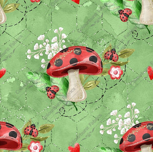 Red mushroom, toadstools, with ladybirds and flowers on a green background with faux glitter elements. Seamless design for custom fabric printing onto our 22 bases.