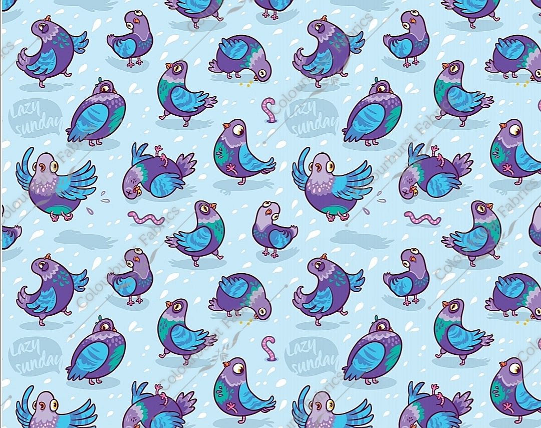 Crazy city pidgeons with individual personalities on baby blue background. Seamless design for custom fabric printing onto our 22 bases.