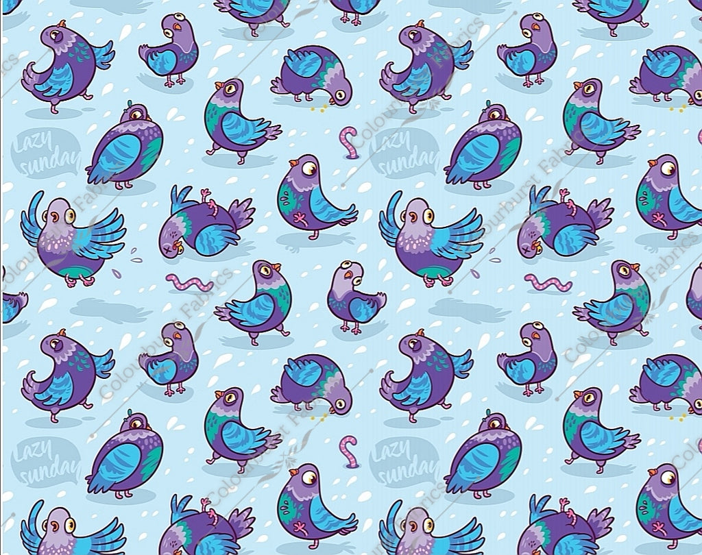 Crazy city pidgeons with individual personalities on baby blue background. Seamless design for custom fabric printing onto our 22 bases.