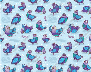 Crazy city pidgeons with individual personalities on baby blue background. Seamless design for custom fabric printing onto our 22 bases.