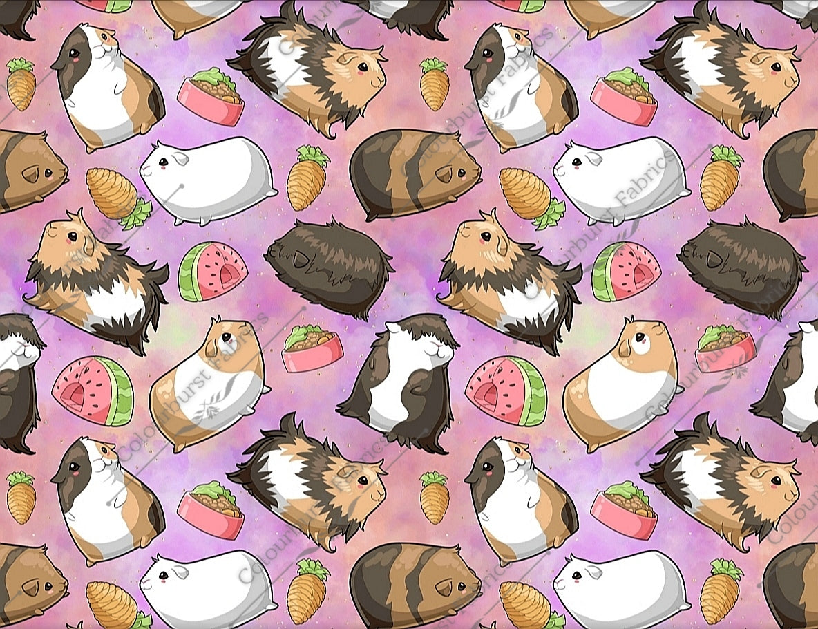Adorable guinea pigs with individual characters on pink and purple ombre background. With carrot toys and watermelon guinea pig beds. Seamless design for custom fabric printing onto our 22 bases