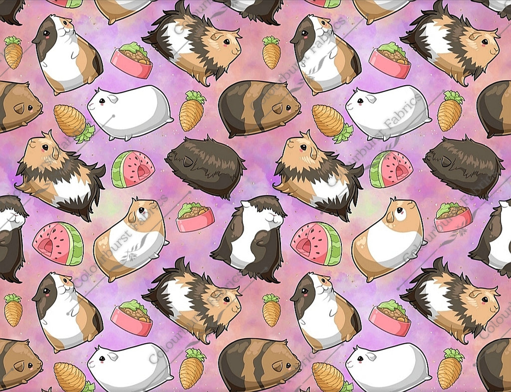 Adorable guinea pigs with individual characters on pink and purple ombre background. With carrot toys and watermelon guinea pig beds. Seamless design for custom fabric printing onto our 22 bases