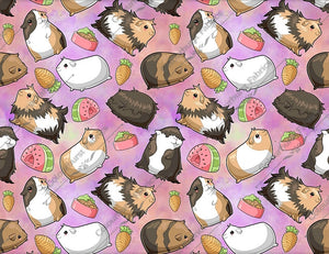 Adorable guinea pigs with individual characters on pink and purple ombre background. With carrot toys and watermelon guinea pig beds. Seamless design for custom fabric printing onto our 22 bases