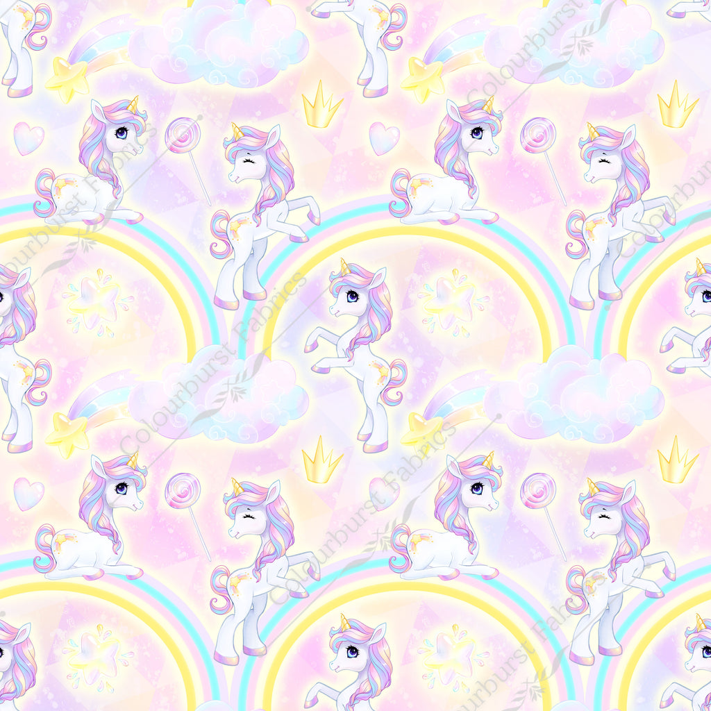 Cotton candy inspired unicorn scene with bouncy fluffy clouds and rainbows. Pastel colours. Seamless design for custom fabric printing onto our 22 bases