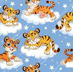Baby tiger cubs with big adorable eyes, sleeling and playing on clouds in the blue sky. Seamless design for custom fabric printing onto our 22 bases