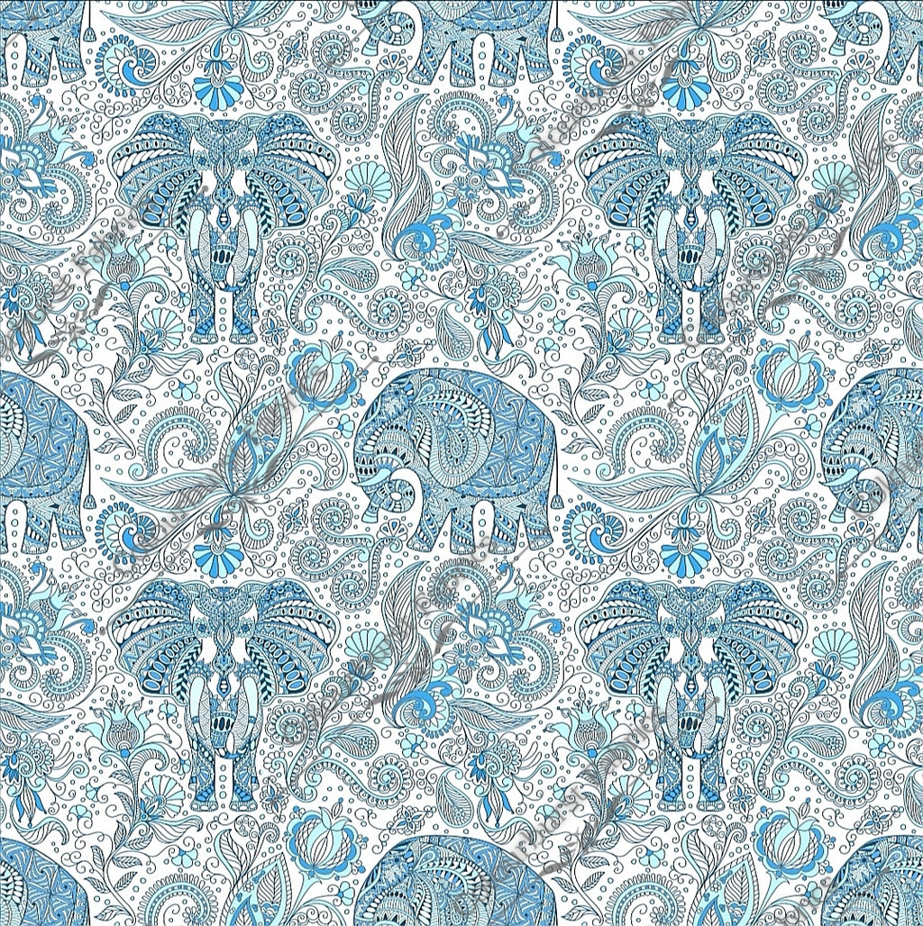 Mehndi elephants in delicate light blue detail on white background. Seamless design for custom fabric printing onto our 22 bases