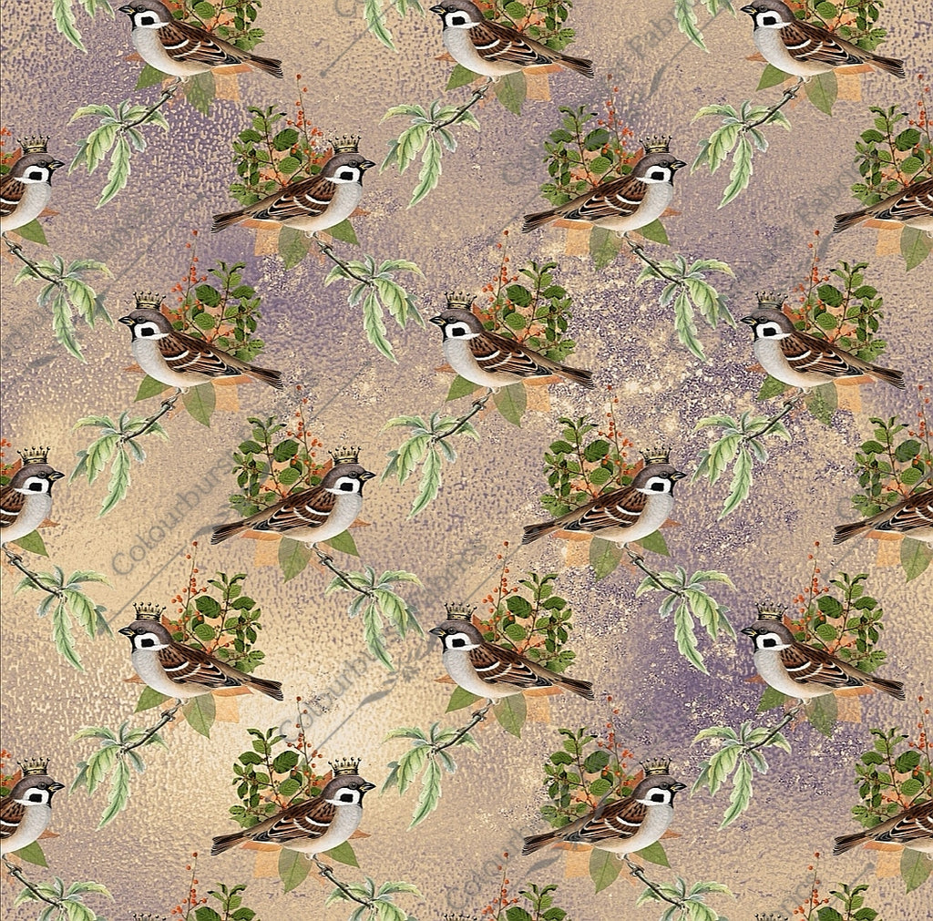 Finches with crowns on their heads with beautiful delicate flowers. Metallic two toned background. Seamless design for custom fabric printing onto our 22 bases.
