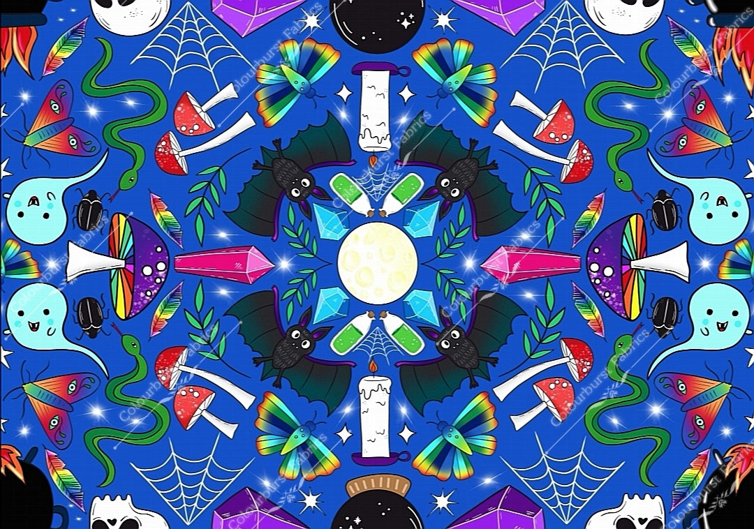 Blue halloween kaleidoscope exclusive design with cute bats, ghosts, cauldrons, snakes, crystals, candles, mushrooms and lots more. Seamless design for custom fabric printing onto our 22 bases