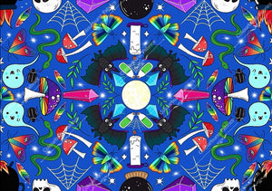 Blue halloween kaleidoscope exclusive design with cute bats, ghosts, cauldrons, snakes, crystals, candles, mushrooms and lots more. Seamless design for custom fabric printing onto our 22 bases