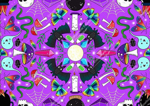 Halloween kaleidoscope seamless design with cute bats, ghosts, candles, cauldrons, mushrooms, butterflies, candles and lots more. For printing onto our 22 bases.