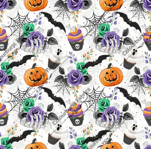 Halloween snacks, pumpkins, cakes, cupcakes, spiderwebs, flowers. Seamless design for custom fabric printing onto our 22 bases