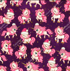 Pink christmas unicorns with gold faux glitter and woolly pom pom hats. Deep purple background. Seamless design for custom fabric printing onto our 22 bases