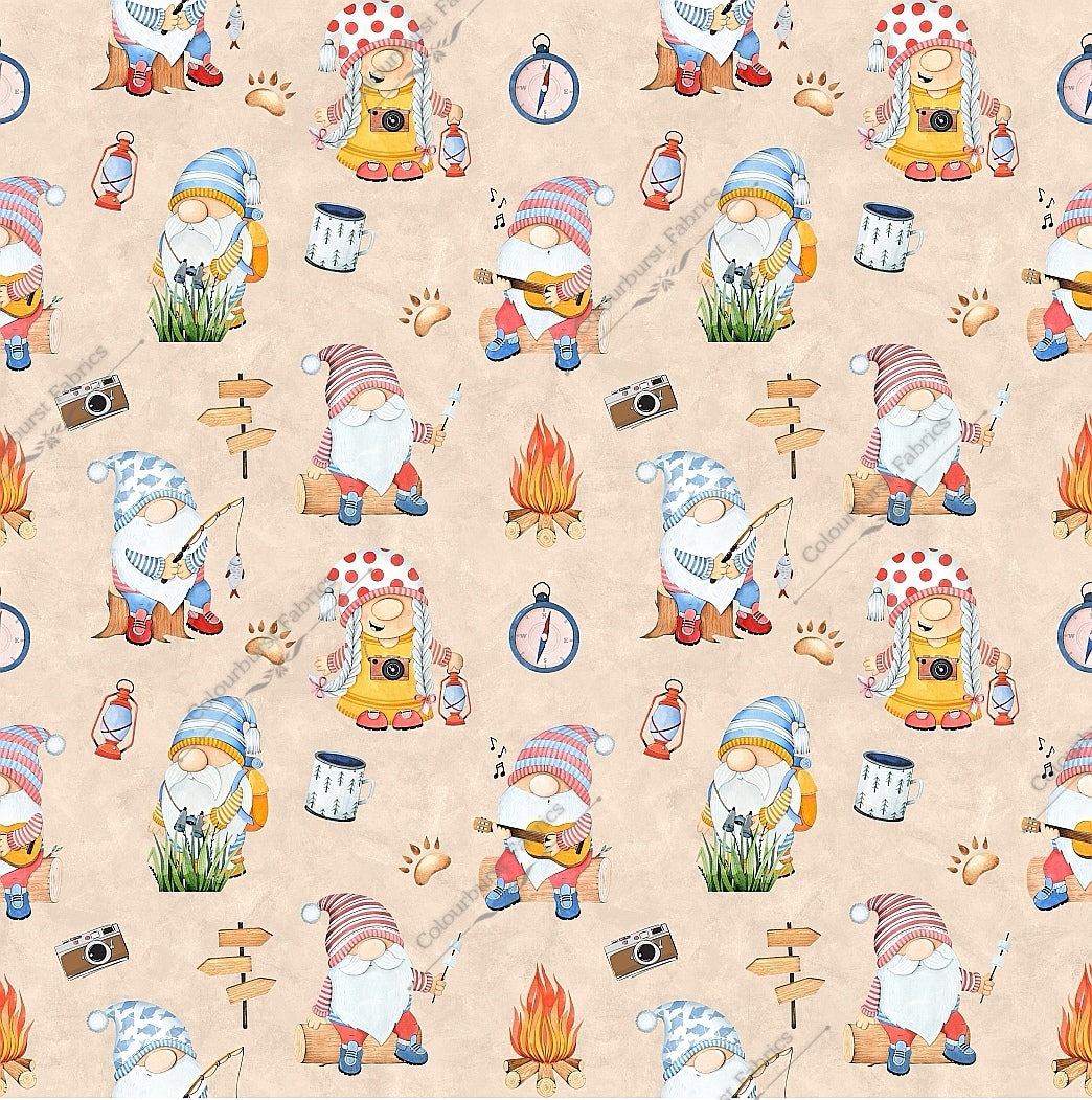 Funny gnomes camping, fishing, roasting marshmallows, campfire and more. Seamless design for custom fabric printing onto our 22 bases