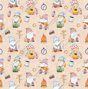 Funny gnomes camping, fishing, roasting marshmallows, campfire and more. Seamless design for custom fabric printing onto our 22 bases