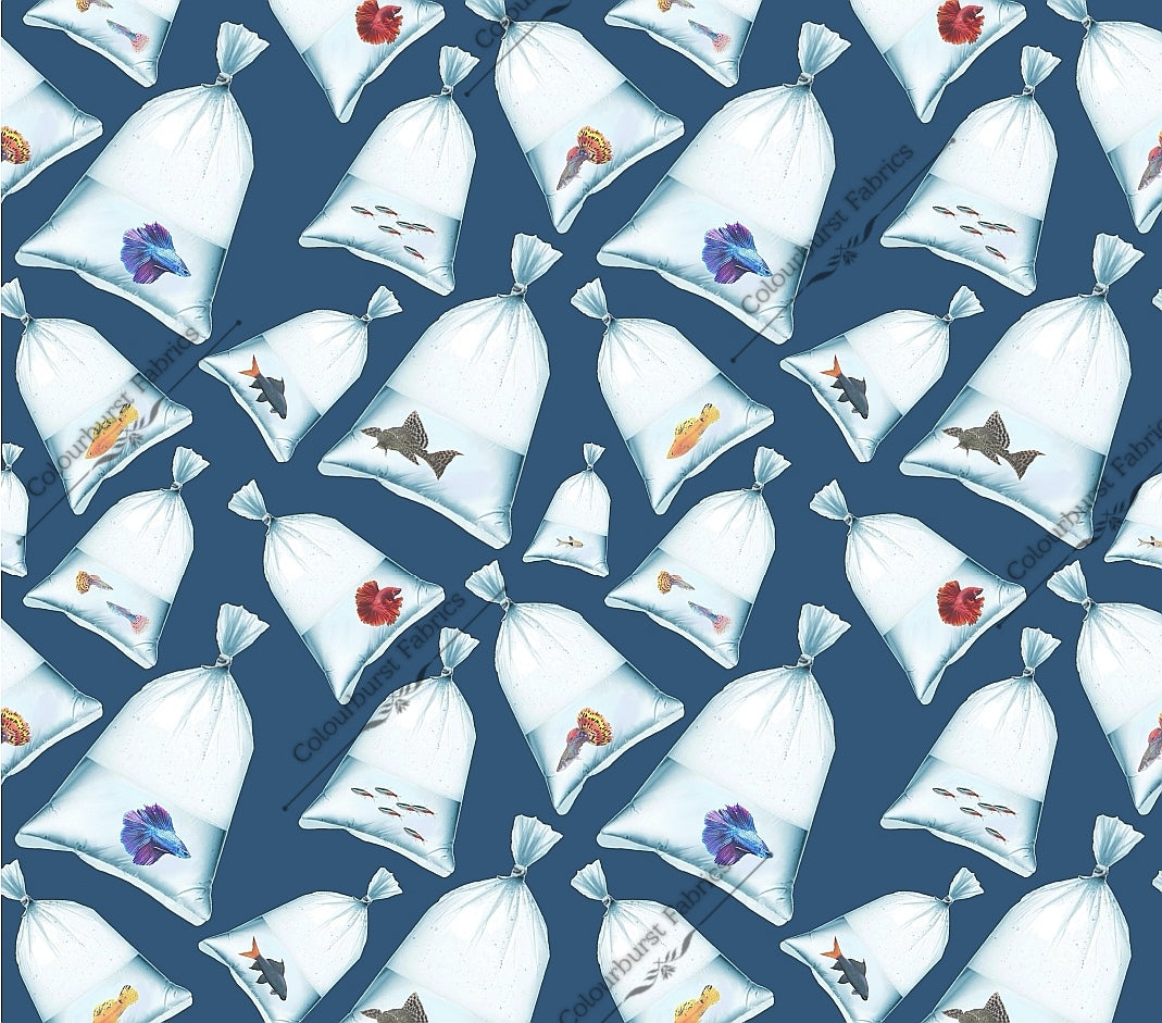 Pet fish in bags on petrol background. Seamless design for custom fabric printing onto our 22 bases