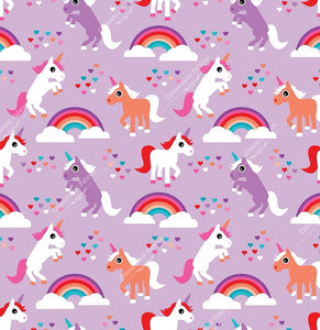 Cute kawaii unicorns with rainbows and love hearts on a lilac background. Seamless design for custom fabric printing onto our 22 bases