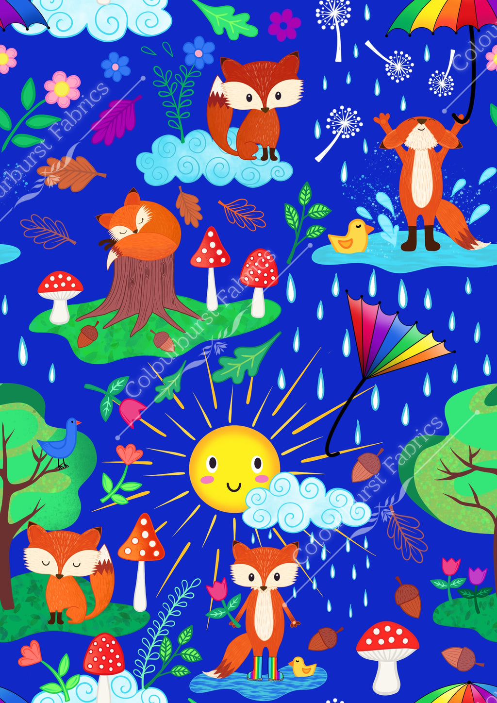 Adorable foxes in cute habitats, one with unbrella under rain cloud, one sleeping on tree stump, one soaking up the rain and one standing under the sun. Exclusive design for pre-order at Colourburst Fabrics 