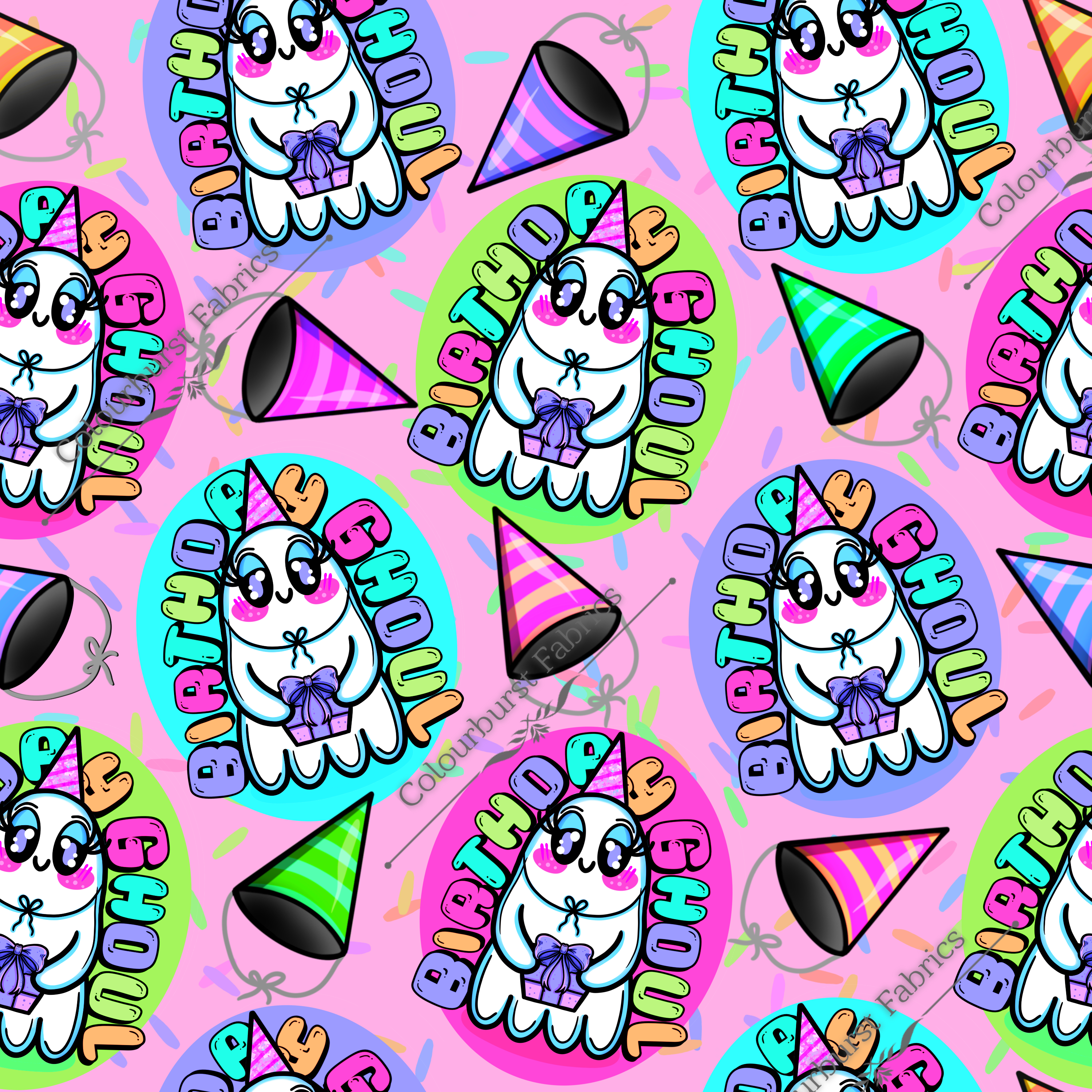 EXCLUSIVE pink birthday ghosts that say "birthday ghouls". Celebrations with balloons and streamers. Seamless design for custom fabric printing onto our 22 bases