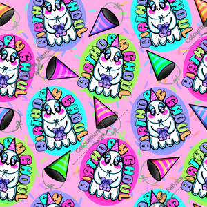 EXCLUSIVE pink birthday ghosts that say "birthday ghouls". Celebrations with balloons and streamers. Seamless design for custom fabric printing onto our 22 bases