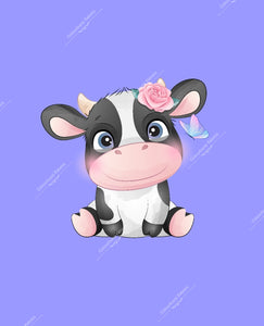Baby cow panel with rose hairpin and butterfly. Rosey cheeks and lilac solid coloured background. Seamless design for custom fabric printing onto our 22 bases