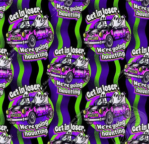 Cute ghosts riding in cars with the words "Get in loser, we're going haunting". On purple and green wavy stripes background. Seamless exclusive design for custom fabric printing onto our 22 bases