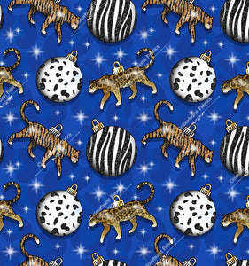 Wildcat christmas baubles exclusive with faux glitter leopards and tigers. Bright blue leopard print background. Seamless design for custom fabric printing onto our 22 bases.