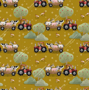 Mustard farmyard exclusive with tractor and animals. Cow, pig, horse, sheep, chicken, goat, dog. Seamless design for custom fabric printing onto our 22 bases