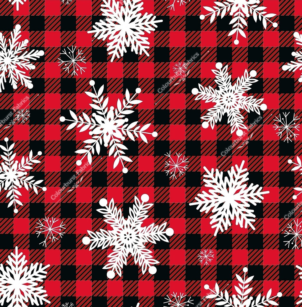 Buffalo plaid with white snowflakes. Seamless design for custom fabric printing onto our 22 bases