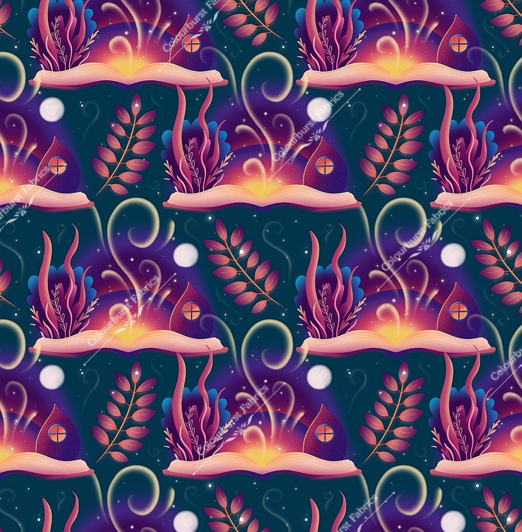 Fairytale exclusive design with storybook scene, magic and stardust. Seamless design for custom fabric printing onto our 22 bases
