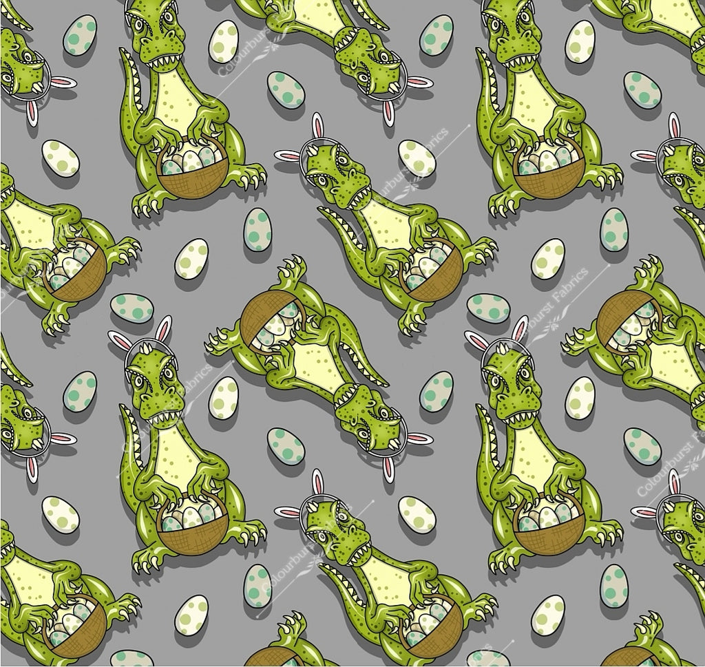 Green dinosaur bunnies holding easter eggs in basket with rabbit ear headband on. Grey background. Exclusive design for custom fabric printing onto our 22 bases