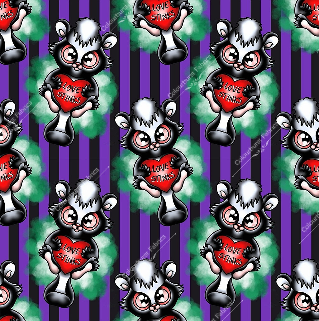 "Love Stinks" cute skunk holding heart with green gas cloud, on a purple and black vertical striped background. Seamless design for custom fabric printing onto our 22 bases