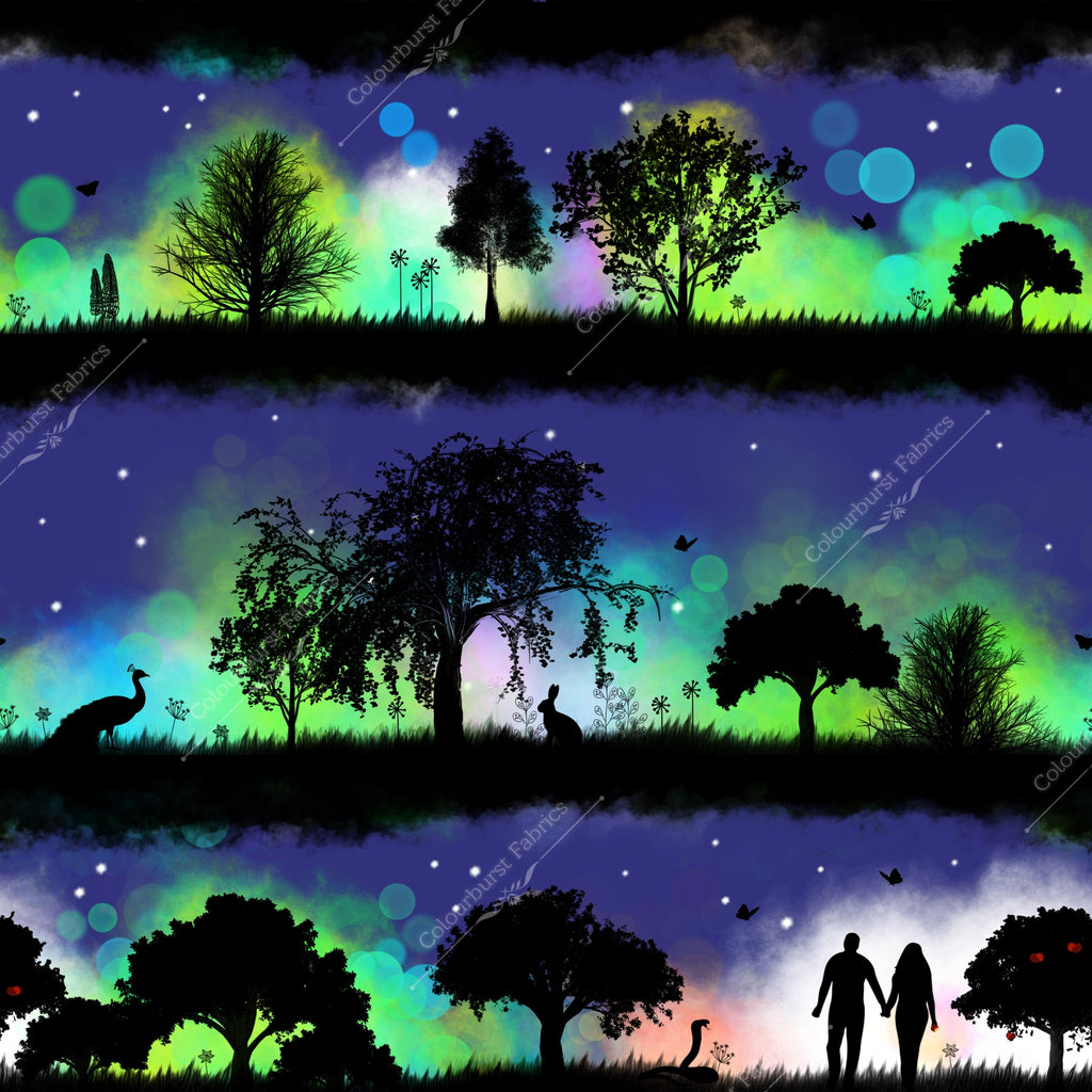 Adam & Eve exclusive with colourful haze over horizon and navy blue background. Seamless design for custom fabric printing onto our 22 bases