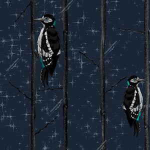 Woodpeckers exclusive design hanging onto tree stumps creating a vertical stripes effect. Seamless design for custom fabric printing onto our 22 bases