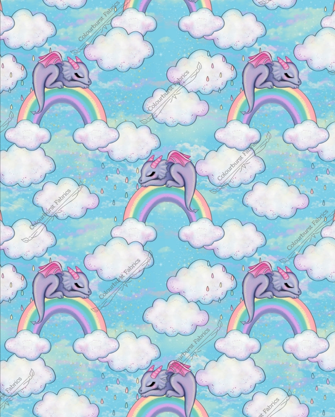 Dragons sleeping on clounds underneath rainbows in the sky. Seamless design for custom fabric printing onto our 22 bases