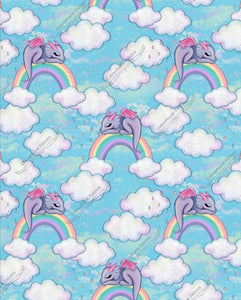 Dragons sleeping on clounds underneath rainbows in the sky. Seamless design for custom fabric printing onto our 22 bases