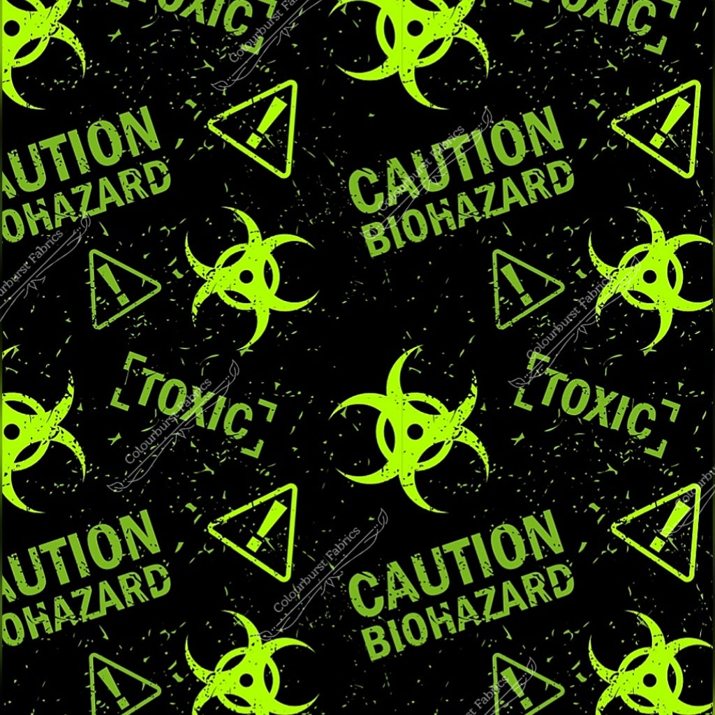 Green caution biohazard design on a black background. Seamless design for custom fabric printing onto our 22 bases 