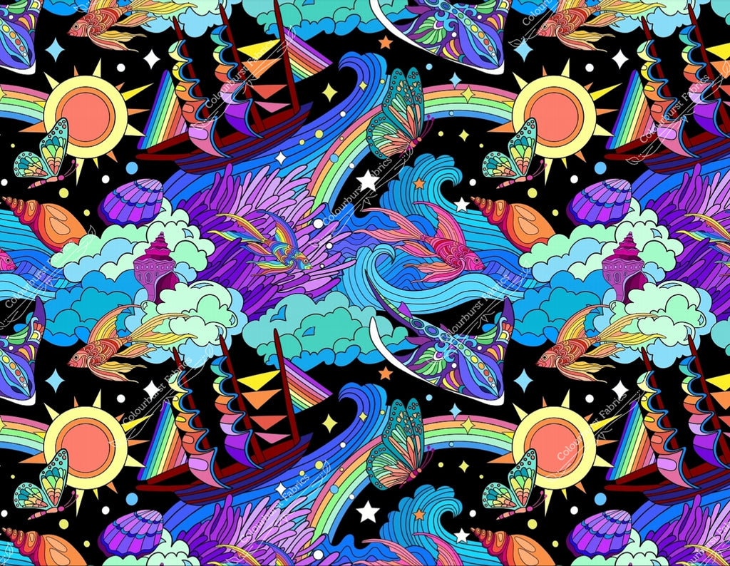 Sting ray swimming in underwater colourful kingdom alongside rainbow fish, ship, shells and butterfly. Rainbows and waves line the horizons. Exclusive design to Colourburst Fabrics available for pre-order 