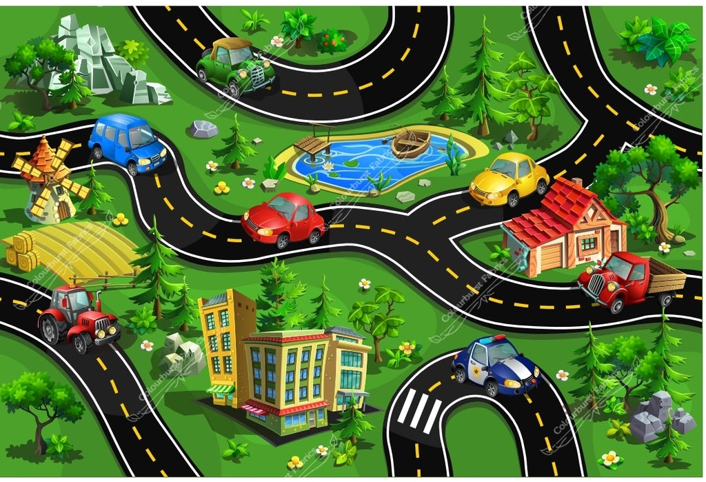 Cute little village with roads running through and cars traveling. Seamless design for custom fabric printing onto our 22 bases.