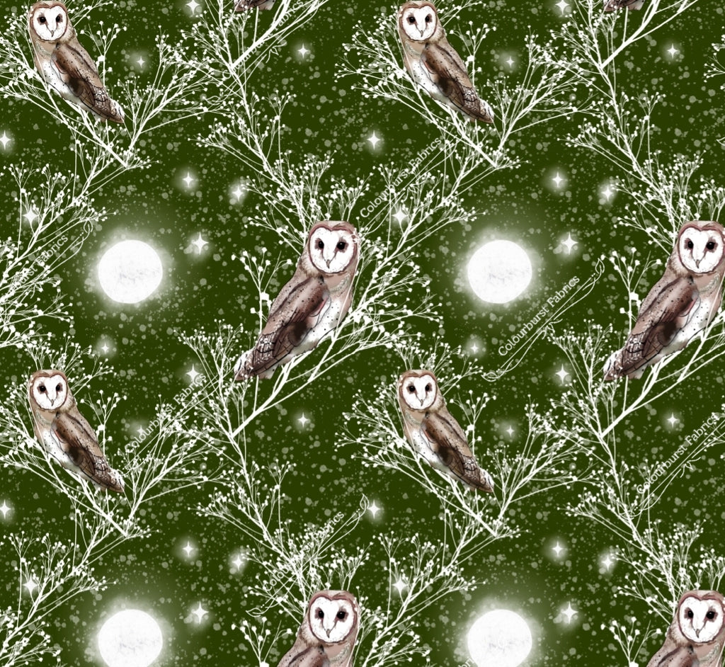 Wide eyed realistic barn owls, hand drawn, on a green background with sporadic branches and a moon in the centre. Exclusive seamless design for pre-order at Colourburst Fabrics 
