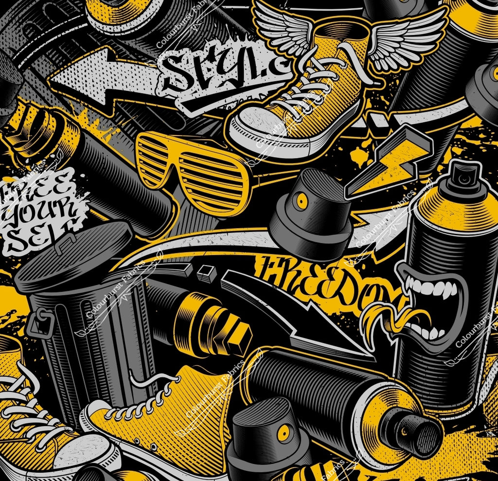 Grafitti style design in monochrome and mustard colours. Seless design for pre-order at Colourburst Fabrics 