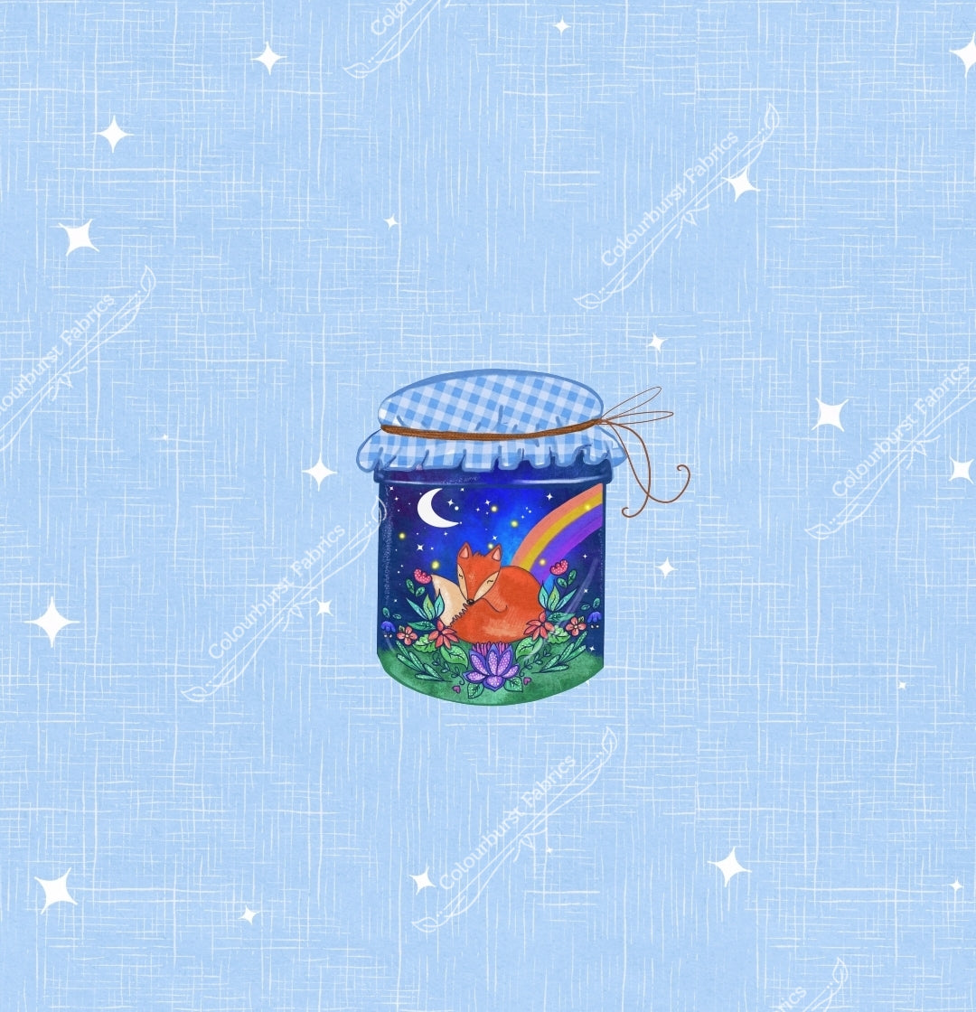 A sleeping fox curled up inside an open jar with hessian wrap around the top. Panel design to match exclusive coord from Colourburst Fabrics 